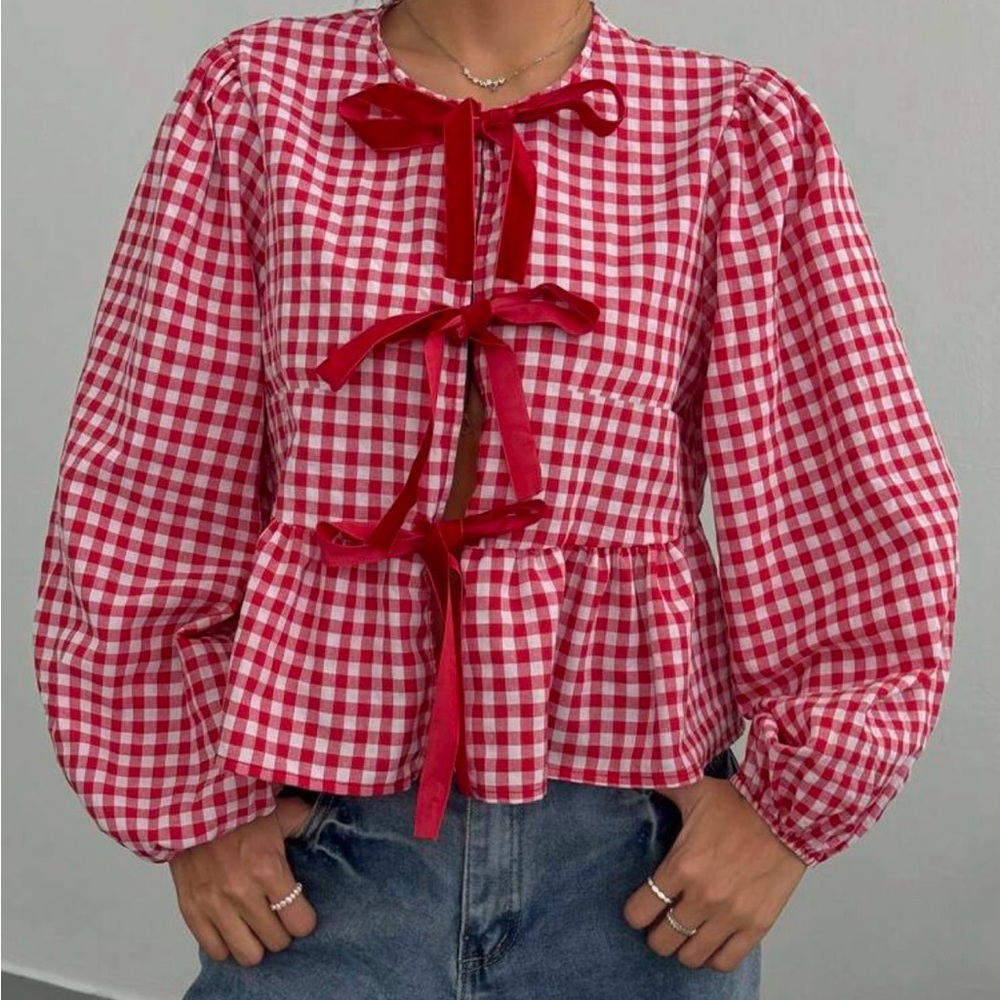 SHEIN Red Checkered Bow Blouse